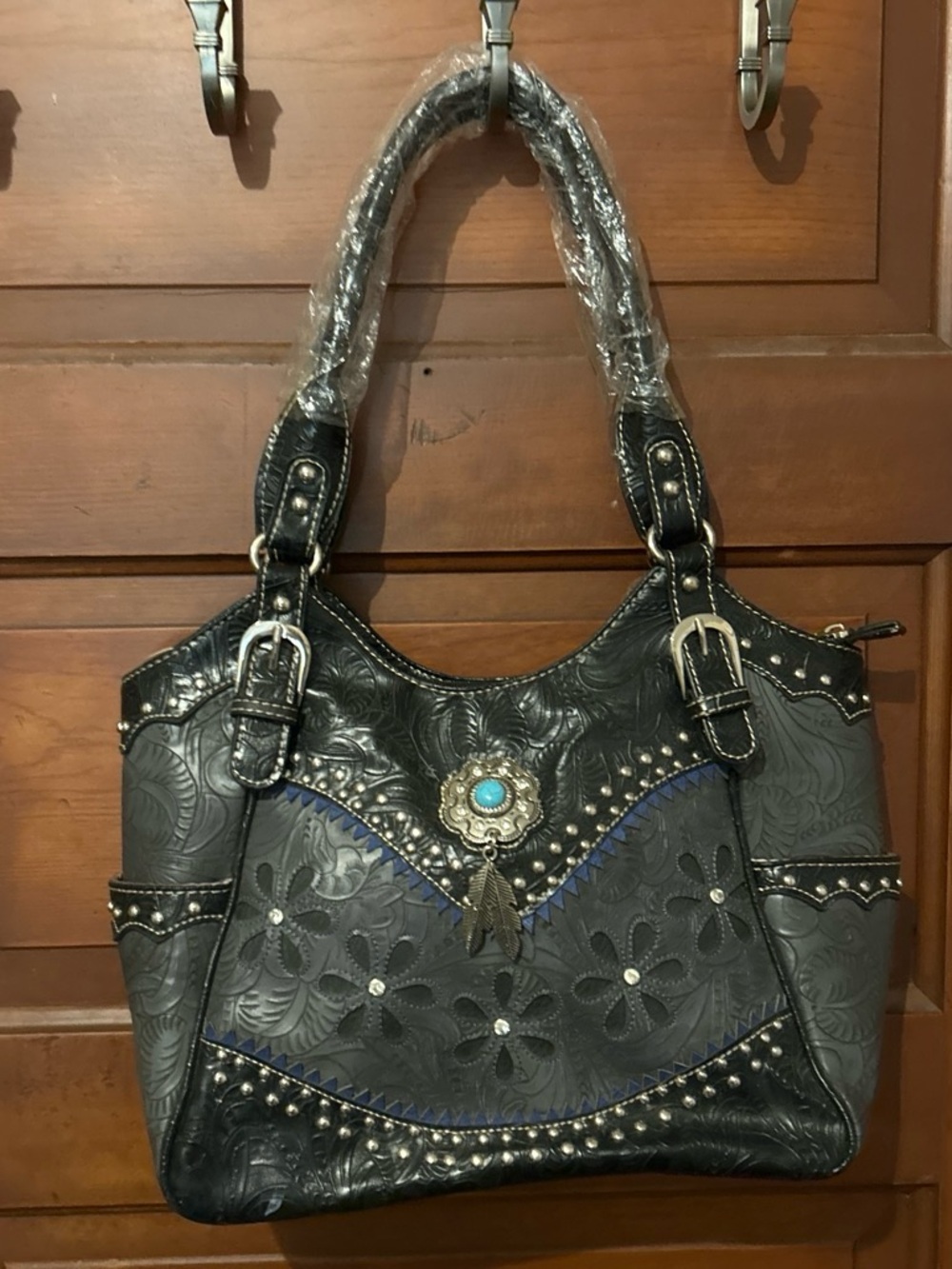 Black Justin West Embossed Shoulder Bag with Turquoise Medallion/Consealed Carry